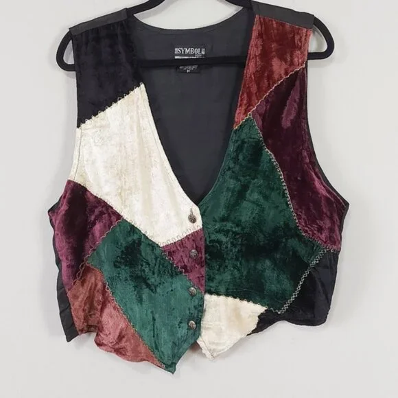 Symbol 2000 Women Patchwork Velvet Vest Medium Sleeveless Preppy Retro Vneck - Picture 1 of 6